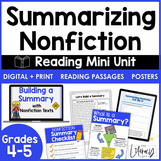 4th 5th Grade Summarizing Nonfiction Text Reading Comprehension Passages Unit