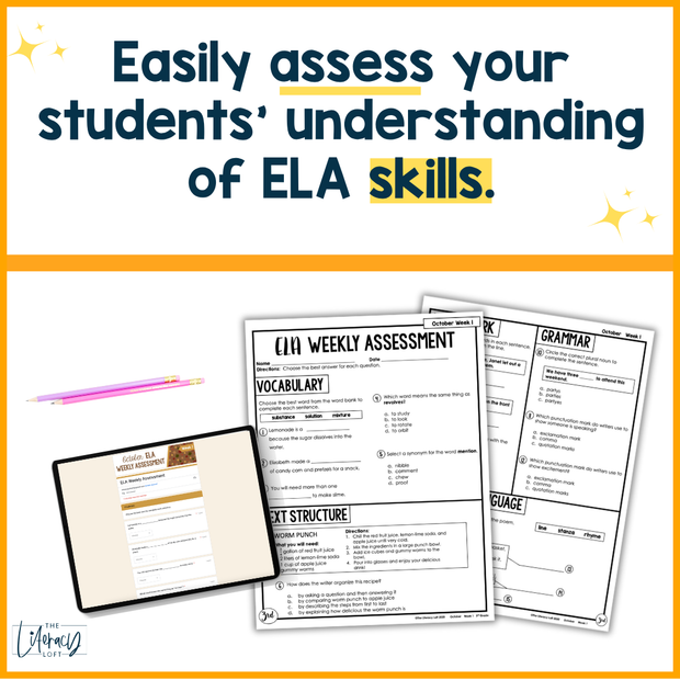 3rd Grade ELA Reading Comprehension October Morning Work Assessment Elementary