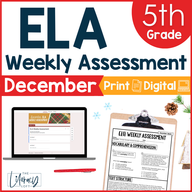 5th Grade ELA Reading Comprehension Morning Work Assessment Winter Review - Dec
