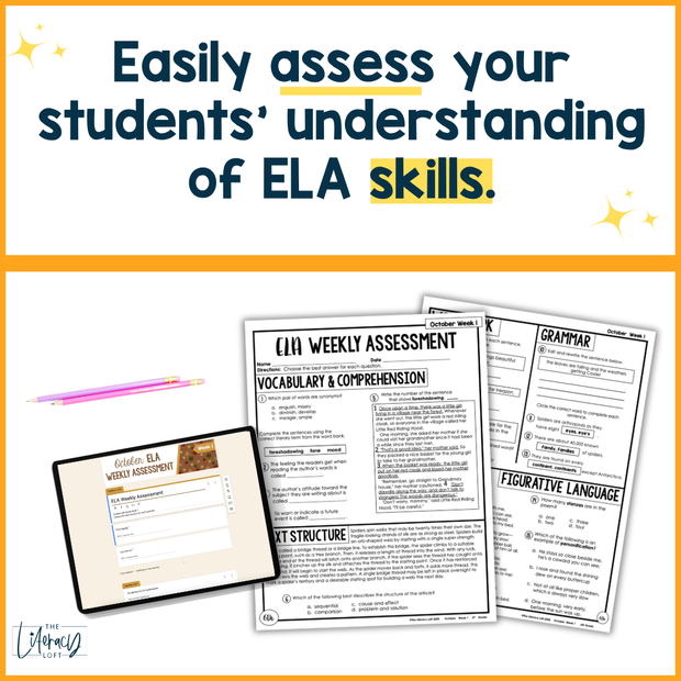 6th Grade ELA Reading Comprehension October Morning Work Assessment Daily Review