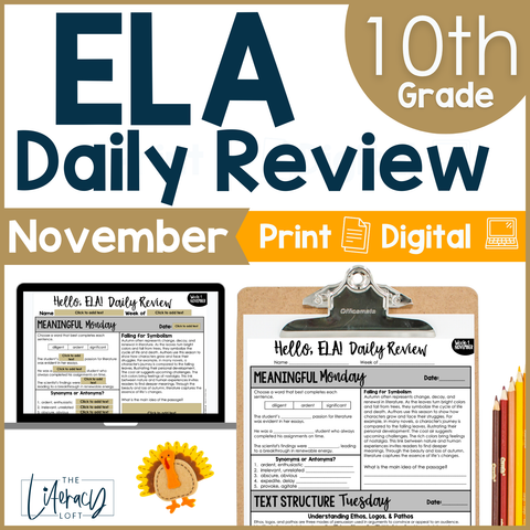 10th Grade ELA High School Daily Review November Thanksgiving Fall Grammar Vocabulary