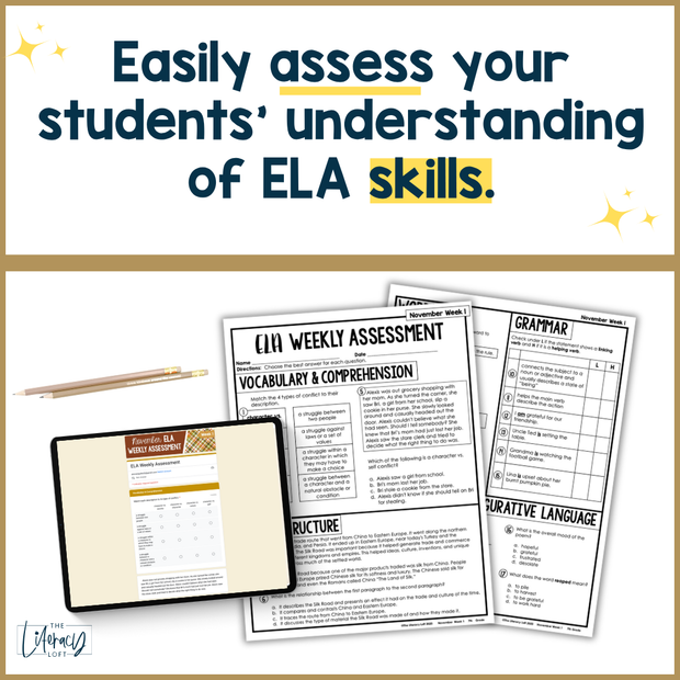 7th Grade ELA Reading Comprehension November Morning Work Assessment Daily Review
