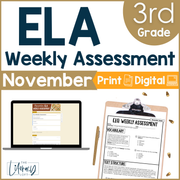 3rd Grade ELA Reading Comprehension November Morning Work Assessment Elementary