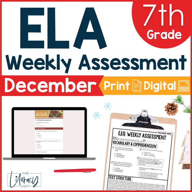 7th Grade ELA Reading Comprehension Morning Work Assessment Review Winter - Dec