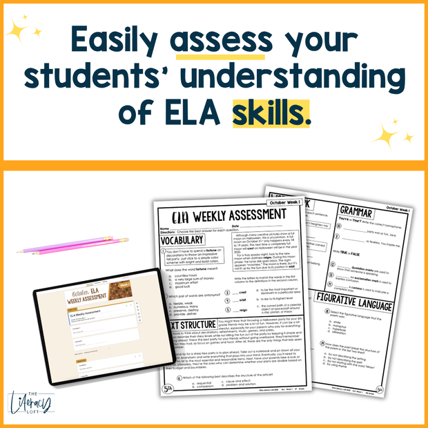5th Grade ELA Reading Comprehension October Morning Work Assessment Elementary