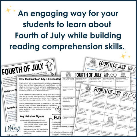 Fourth of July Reading Comprehension Bingo Fun Summer Activity 3rd 4th 5th Grade