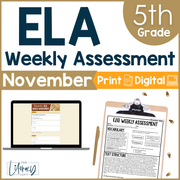 5th Grade ELA Reading Comprehension November Fall Morning Work Assessment Thanksgiving