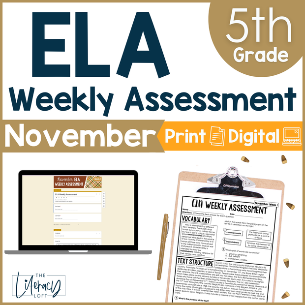 5th Grade ELA Reading Comprehension November Fall Morning Work Assessment Thanksgiving