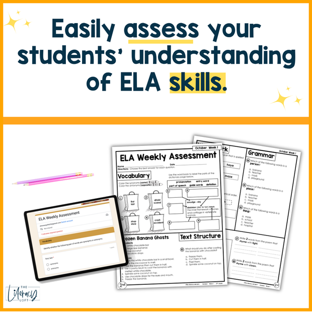 2nd Grade ELA Reading Comprehension October Morning Work Assessment Elementary