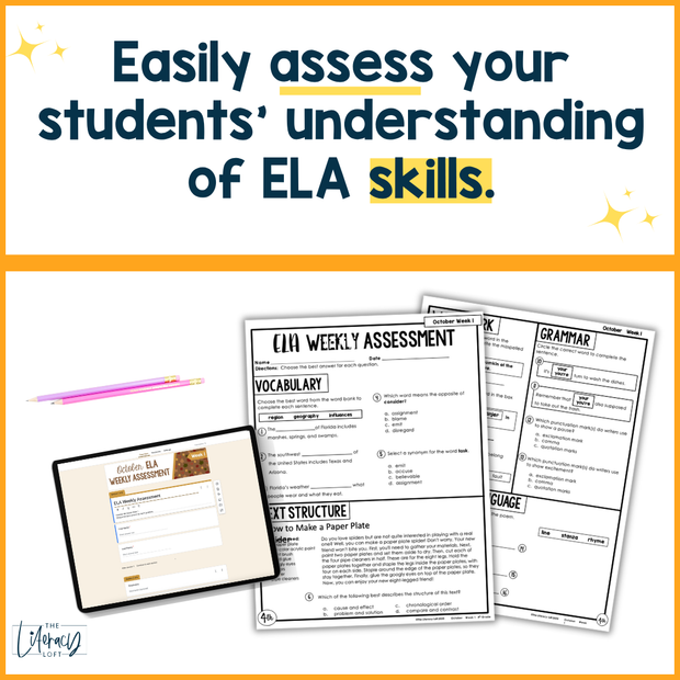 4th Grade ELA Reading Comprehension October Morning Work Assessment Elementary