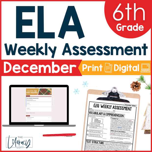 6th Grade ELA Reading Comprehension Morning Work Assessment Winter Review - Dec
