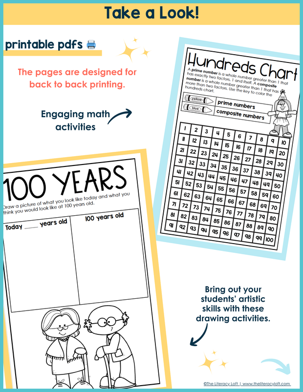 100th Day of School Math ELA Writing Prompts Coloring Pages 3rd 4th 5th Grade