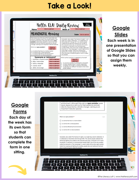 ELA Daily Review 8th Grade {December} I Distance Learning I Google Slides and Forms