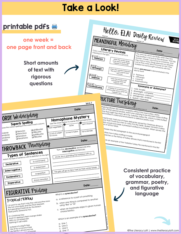 ELA Daily Review 7th Grade {December} I Distance Learning I Google Slides and Forms