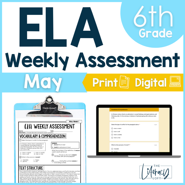 ELA Weekly Assessments 6th Grade May Morning Work | Printable | Google Forms