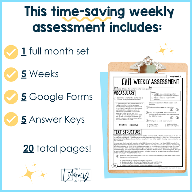 ELA Weekly Assessments 7th Grade May Morning Work | Printable | Google Forms