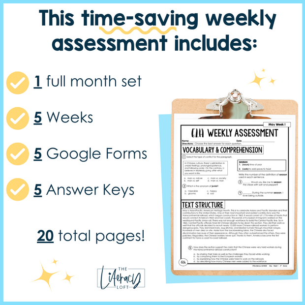 ELA Weekly Assessments 6th Grade May Morning Work | Printable | Google Forms