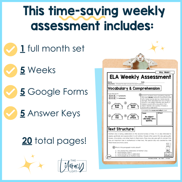 ELA Weekly Assessments 2nd Grade May Morning Work | Printable | Google Forms