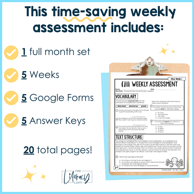 ELA Weekly Assessments 3rd Grade May Morning Work | Printable | Google Forms