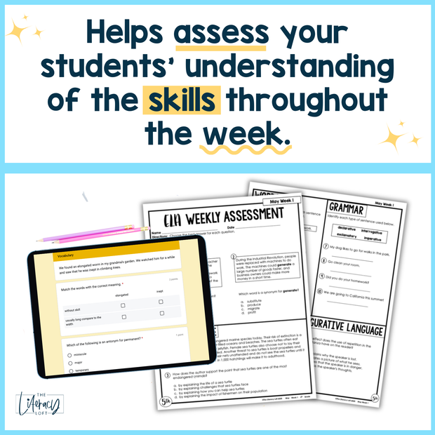 ELA Weekly Assessments 5th Grade May Morning Work | Printable | Google Forms