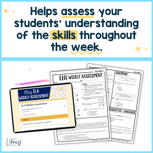 ELA Weekly Assessments 8th Grade May Morning Work | Printable | Google Forms
