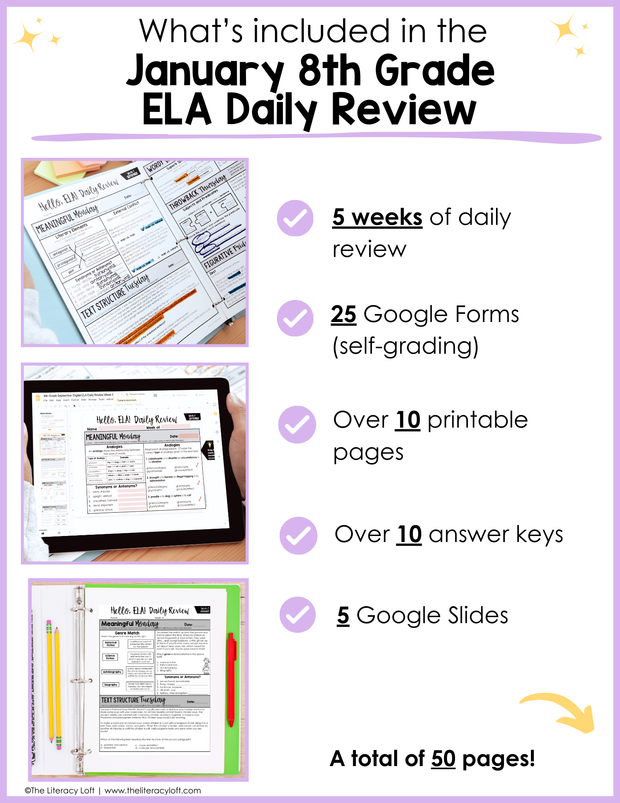 ELA Daily Review 8th Grade {January} I Distance Learning I Google Slides and Forms