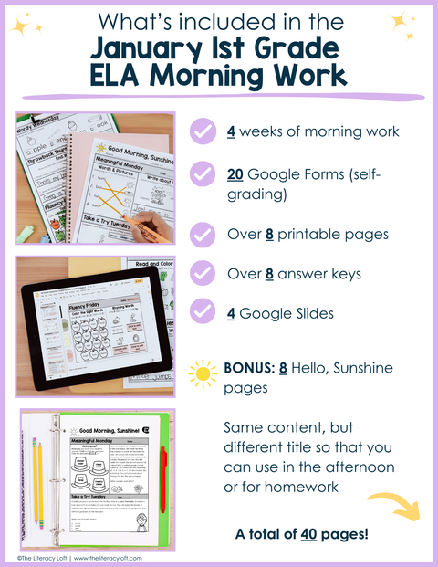 ELA Morning Work 1st Grade  (January) I Distance Learning I Google Slides