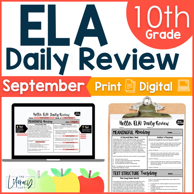 10th Grade ELA Back to School Reading Comprehension Grammar Vocabulary Spiral Review High School - September