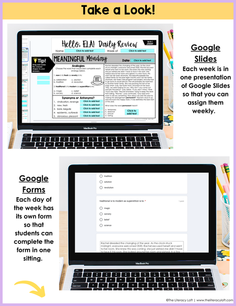 ELA Daily Review 7th Grade {January} I Distance Learning I Google Slides  and Forms