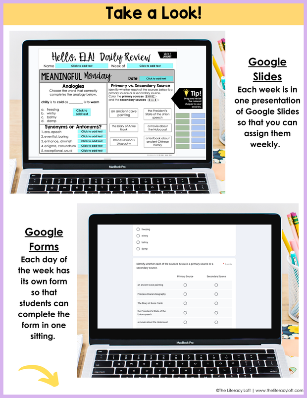 ELA Daily Review 8th Grade {January} I Distance Learning I Google Slides and Forms