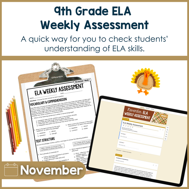 9th Grade ELA Reading Comprehension November Fall Morning Work Assessment Thanksgiving High School