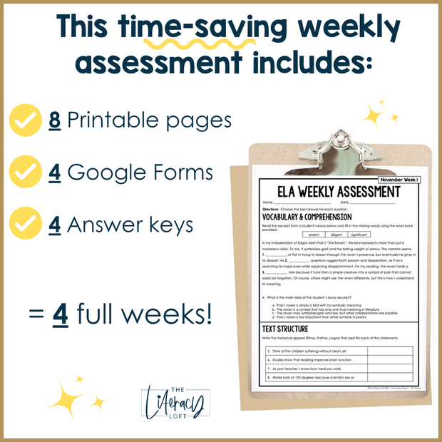 10th Grade ELA Reading Comprehension November Fall Morning Work Assessment Thanksgiving High School