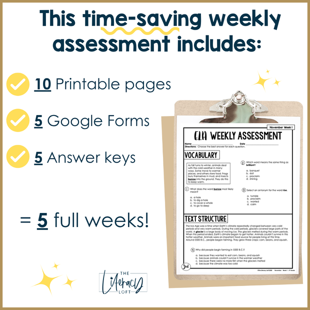 3rd Grade ELA Reading Comprehension November Morning Work Assessment Elementary