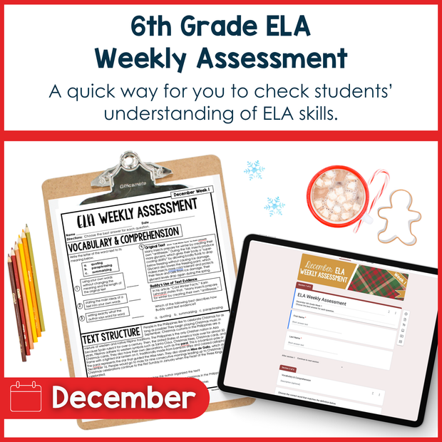 6th Grade ELA Reading Comprehension Morning Work Assessment Winter Review - Dec