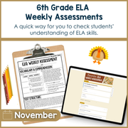 6th Grade ELA Reading Comprehension November Morning Work Assessment Daily Review
