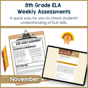 8th Grade ELA Reading Comprehension November Morning Work Assessment Daily Review