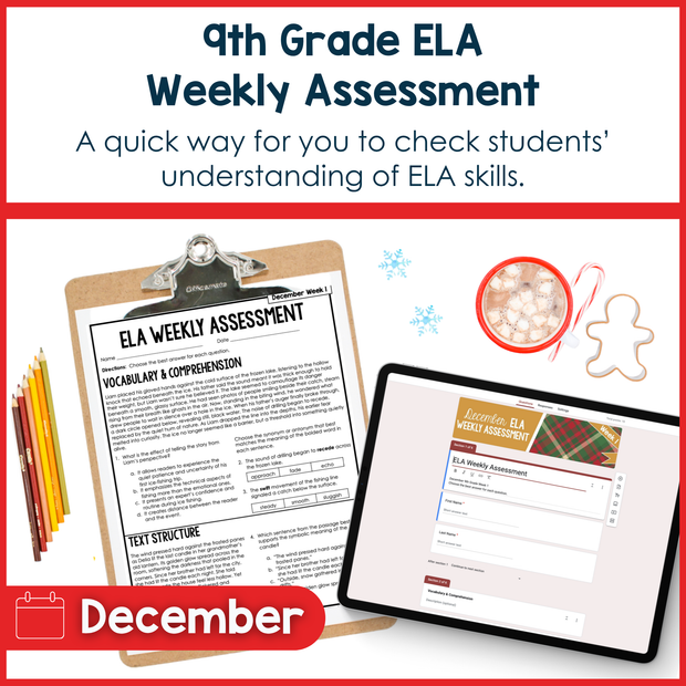 9th Grade ELA Reading Comprehension Morning Work Assessment Winter Review - Dec