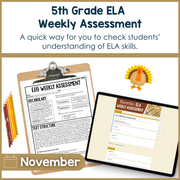 5th Grade ELA Reading Comprehension November Fall Morning Work Assessment Thanksgiving
