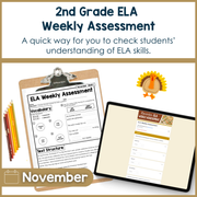 2nd Grade ELA Reading Comprehension November Morning Work Assessment Elementary