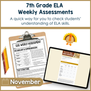 7th Grade ELA Reading Comprehension November Morning Work Assessment Daily Review