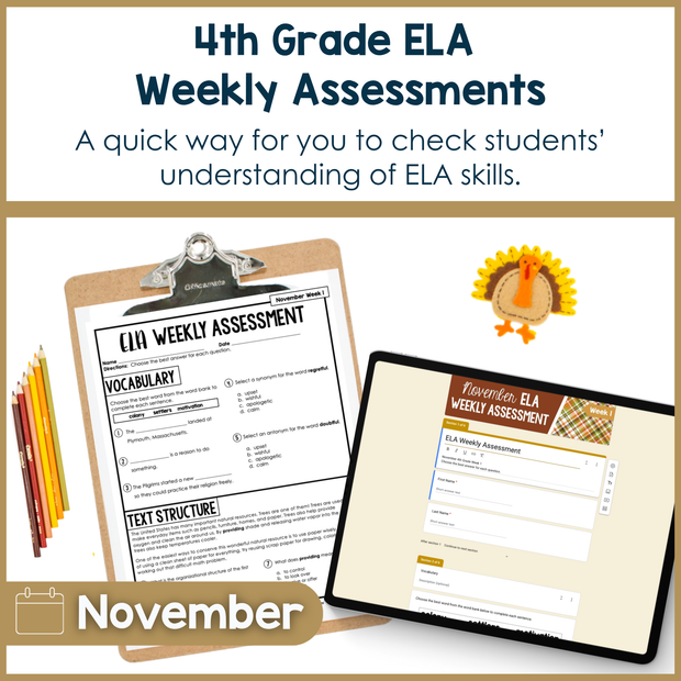 4th Grade ELA Reading Comprehension November Morning Work Assessment Elementary