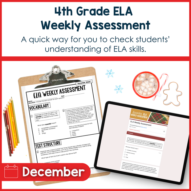 4th Grade ELA Reading Comprehension Morning Work Assessment Winter Review - Dec