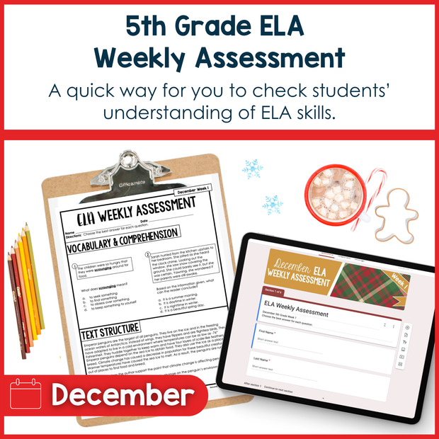 5th Grade ELA Reading Comprehension Morning Work Assessment Winter Review - Dec