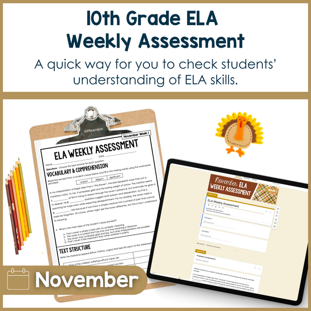 10th Grade ELA Reading Comprehension November Fall Morning Work Assessment Thanksgiving High School
