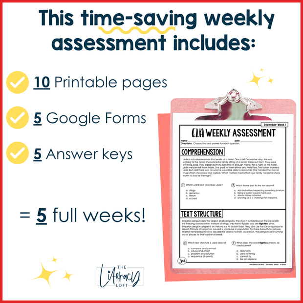 3rd Grade ELA Reading Comprehension Morning Work Assessment Winter Review - Dec