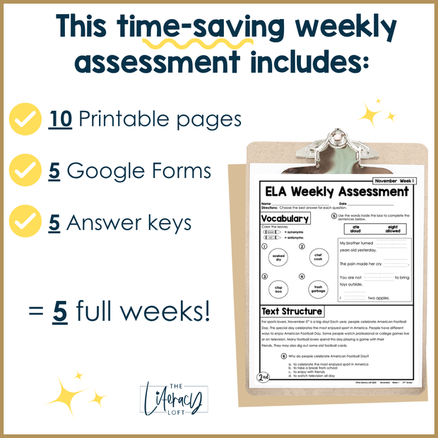 2nd Grade ELA Reading Comprehension November Morning Work Assessment Elementary