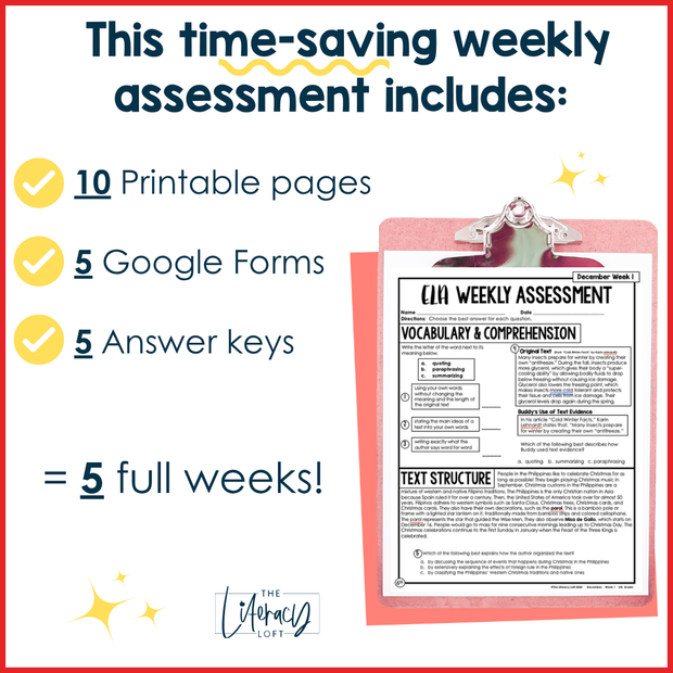 6th Grade ELA Reading Comprehension Morning Work Assessment Winter Review - Dec