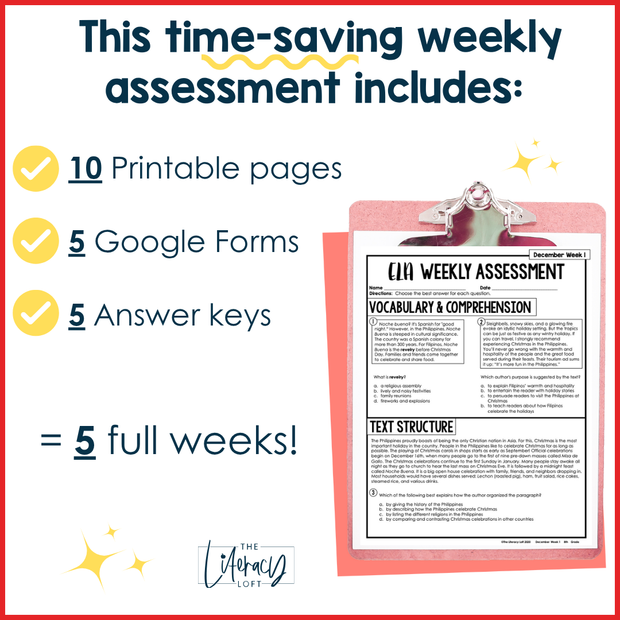 8th Grade ELA Reading Comprehension Morning Work Assessment Winter Review - Dec