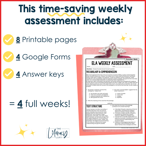 10th Grade ELA Reading Comprehension Morning Work Assessment Winter Review - Dec