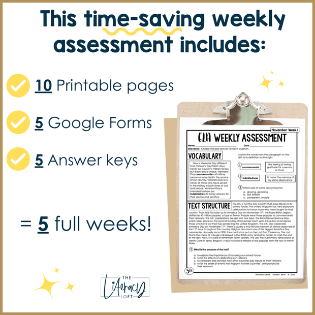 5th Grade ELA Reading Comprehension November Fall Morning Work Assessment Thanksgiving